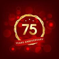 75 years anniversary. Anniversary template design with gold number and red ribbon, design for event, invitation card, greeting card, banner, poster, flyer, book cover and print. Vector Eps10