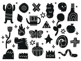 Hand draw various strange creatures and objects. Abstract figures. Fictional animals and flowers. Black trendy Vector illustration set. All elements are isolated