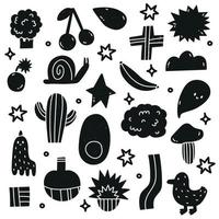 Hand draw various strange creatures and objects. Abstract figures. Fictional animals and flowers. Black trendy Vector illustration set. All elements are isolated