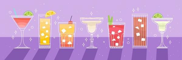 Different cocktails on the table. Illustration with alcoholic beverage. Vector bright hand draw illustration.Wall decoration, prints, menu design. Bloody Mary, Cuba libre, Mohito, Tequila Sunrise