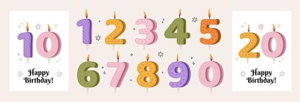 Festive illustration collection of bright Birthday Cake Candle Numbers 0, 1, 2, 3, 4, 5, 6, 7, 8, 9, anniversary holiday candles vector illustration set. Decoration for holiday celebration, surprise