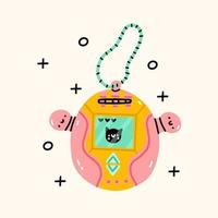 Japanese classic game with screen display, chain and buttons. 90s device digital pet pocket game. Millennial kid. Kidcore social media template. Vector Kawaii illustration in 00s
