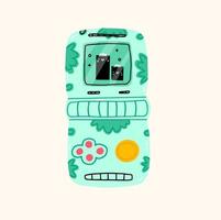 Japanese classic game with screen display, chain and buttons. 90s device digital pet pocket game. Millennial kid. Kidcore social media template. Vector Kawaii illustration in 00s
