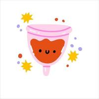 Reusable menstrual cup for menstruation period. Eco sanitary silicone female device for vaginal hygiene. Organic hygienic container. Colored flat vector illustration isolated on white background