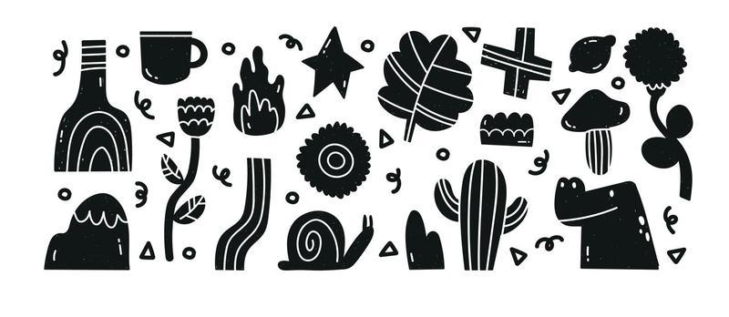 Hand draw various strange creatures and objects. Abstract figures. Fictional animals and flowers. Black trendy Vector illustration set. All elements are isolated