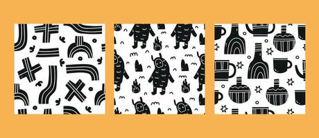 A collection of three patterns. Black patterns. Childish patterns with mug, vase, monster, abstract shapes. Background, wallpaper, Wrapping, textile template vector