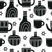 Hand drawn black illustration. Square seamless Pattern. Vases and mugs.Background, wallpaper template vector