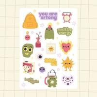 Hand drawn Vector illustrations of Set of Various patches, quotes, elements or stickers with abstract funny cute comic characters for organizer and diaries. Stickers for daily planner and scheduler.