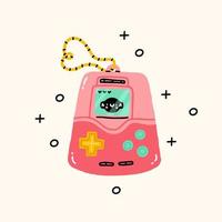 Japanese classic game with screen display, chain and buttons. 90s device digital pet pocket game. Millennial kid. Kidcore social media template. Vector Kawaii illustration in 00s