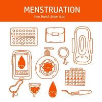 menstruación tema. período. varios femenino higiene productos cero residuos objetos. bragas, almohadillas, tazas. menstrual proteccion, femenino higiene. mano dibujado vector ilustración. elementos son aislado