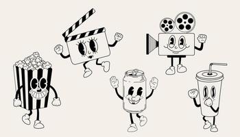 dibujos animados cine caracteres. gracioso Palomitas, soda poder, vídeo cámara, claqueta cinematógrafo entretenimiento mascota póster vector ilustración conjunto