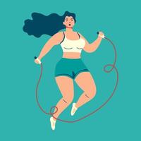 Beautiful young woman jumping with skipping rope. Bright flat workout sport illustration vector