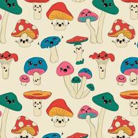 Hand drawn seamless pattern with Cute Kawaii Mushrooms cartoon icon illustration. Food vegetable flaticon concept isolated on white background. Character, mascot in Doodle style. vector