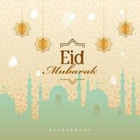 Eid Mubarak Banner Design Mosque Paper Cut Style Gold Green Pastel Color vector