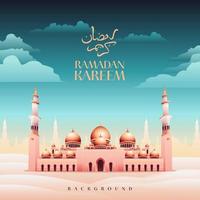 Ramadan Kareem in Arabaic Text Realistic Mosque Vector Illustration Gold Blue Color