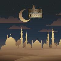 Ramadán kareem saludo diseño mezquita en Desierto papel cortar estilo antecedentes ilustración vector