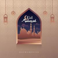 Eid Mubarak Mosque in Desert on the Night Window Design Gold Color vector