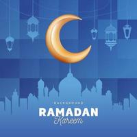 Ramadan Kareem Greeting Design Mosque and Crescent Moon with Square Background Blue Color vector