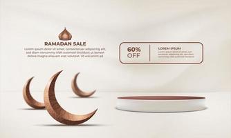 Ramadan sale banner with a lamp and the text 50 off crescent moon and lantern vector