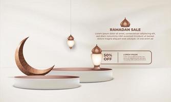 Ramadan sale banner with a lamp and the text 50 off crescent moon and lantern vector