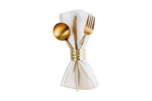 Golden cutlery and white napkin isolated on a transparent background png