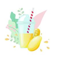 Plastic cup with lid and pipe. Mango juice icon for smoothie bar. Vector cartoon illustration