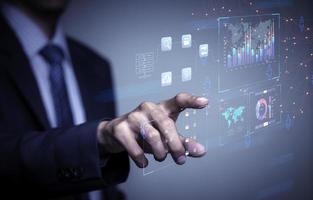 businessman working with business Analytics and Data Management System on computer, online document management and metrics connected to database. Corporate strategy for finance, operations, sales. photo