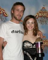 Ryan Gosling and Rachel McAdams  in the press room after wining for Best Kiss   at the MTV Movie Awards at the Shrine Auditorium Los Angeles CAJune 4 20052005 photo