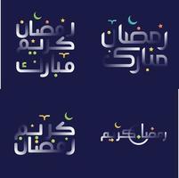 vibrante blanco lustroso Ramadán kareem caligrafía con divertido diseño elementos vector