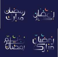 Stylish White Glossy Ramadan Kareem Calligraphy Set with Vibrant Colors and Islamic Calligraphic Art vector