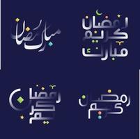 maravilloso blanco lustroso Ramadán kareem caligrafía conjunto con vibrante colores y islámico geométrico patrones vector