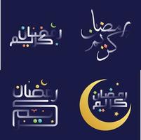 hermosa blanco lustroso Ramadán kareem caligrafía paquete con vibrante diseño elementos en un variedad de colores vector
