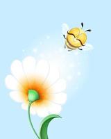 Cute funny cartoon fluffy bee flies under smelling chamomile flower. vector