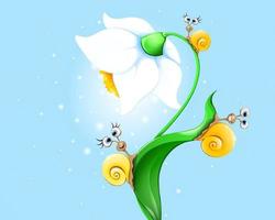 Cute funny cartoon yellow snails family on the flower. vector
