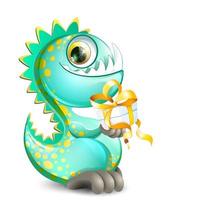 Cute funny cartoon dinosaur holding little gift box with yellow bow vector