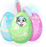 A little Easter bunny in egg with other color eggs vector