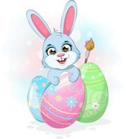 A cute cartoon bunny with Easter eggs and paint brush vector