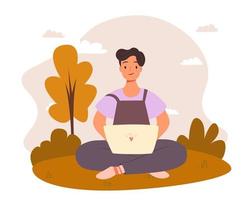 Vector man with laptop sitting in nature and tree