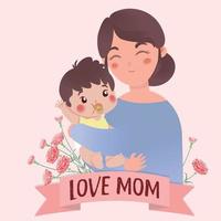 Illustration of mother holding baby with carnations in background and banner with text LOVE MOM in front vector