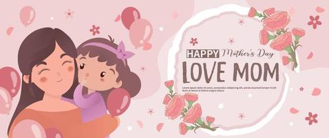 Girl says love mom in mother's ear with carnations and balloons on pink background vector