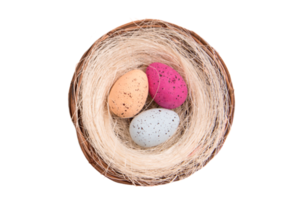 Brown basket with colored eggs isolated on a transparent background png