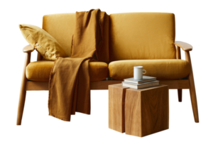 Yellow sofa, blanket, pillow and wooden side table isolated on a transparent background png