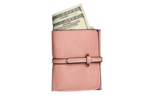 Pink wallet with dollars isolated on a transparent background png