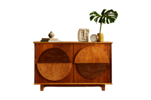 Wooden sideboard with home decorations isolated on a transparent background png