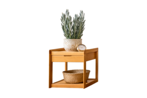 Wooden side table with, woven basket, clock and white vase and plant isolated on a transparent background png