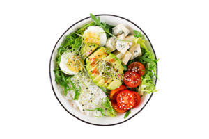 Bowl ricew with avocado, eggs, cheese and tomatoes isolated on a transparent background png