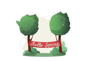 green trees in the park with hello spring ribbon. spring illustration concept. vector. vector