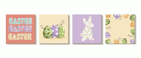 Happy Easter Set of Sale banners, greeting cards, posters, holiday covers. Trendy design with typography, hand painted plants, dots, eggs and bunny, in pastel colors. Modern art minimalist style.