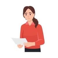 Woman reading paper document and speech bubble with info sign. Concept of professional guide, manual or instruction, counselor providing information vector