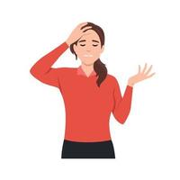 Young woman hold her head because of illness or stress at work. Flat vector cartoon style isolated